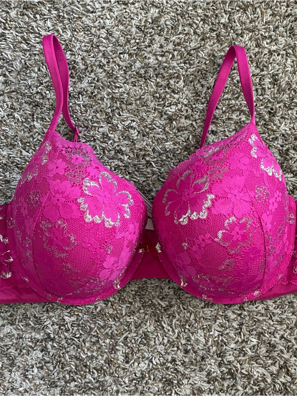 Victoria's Secret Body By Victoria Perfect Shape Bra 38D Magenta Pink Foil Lace
